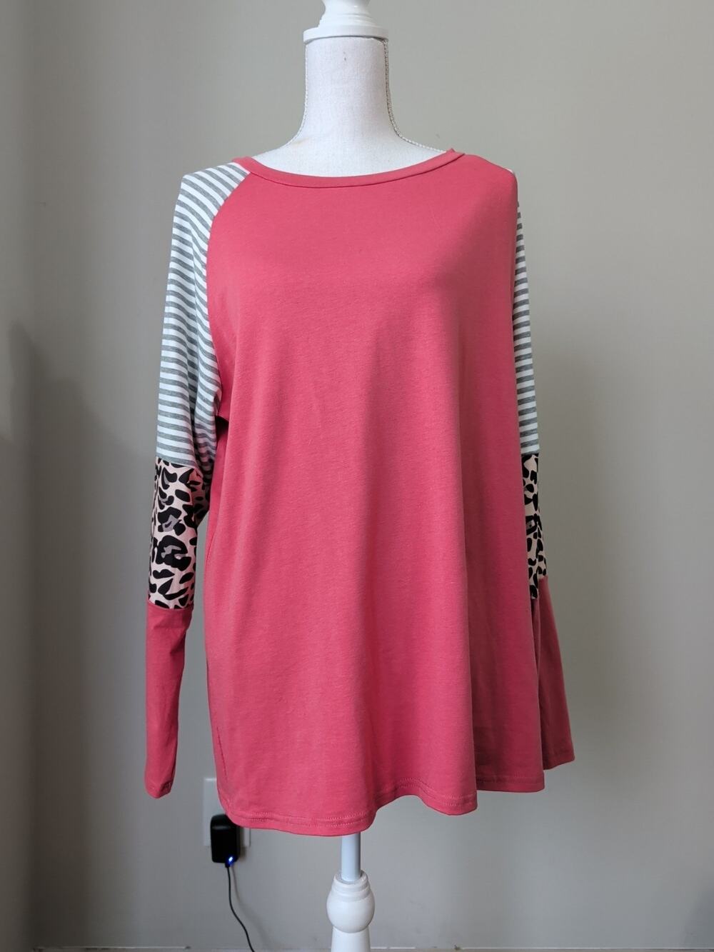 Women's Scarmat Pink Tunic 2XL Leopard Stripe Contrast Sleeve Cotton Blend